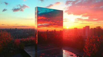 Wall Mural - A reflective mirror surface capturing the reflection of a cityscape at sunset. The mirror is placed on an outdoor terrace, and the vibrant colors of the setting sun are mirrored perfectly, creating a 