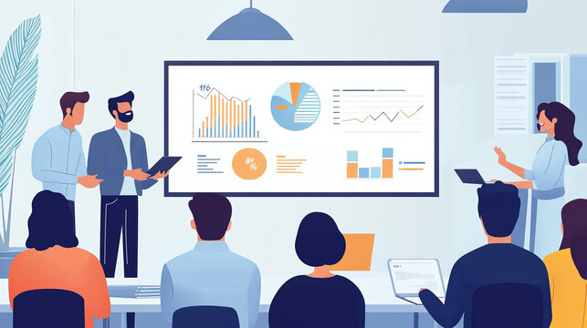 A sales professional giving a dynamic presentation to a group of potential clients in a modern conference room. sales pipeline graphics