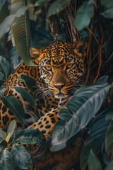 Poster - A leopard relaxes in a tree, surrounded by lush green leaves