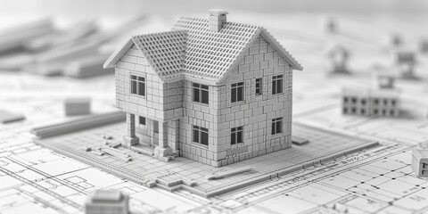 Poster - A house model sits atop a detailed blueprint, ideal for architecture and design concepts
