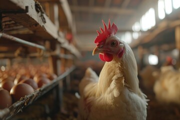 Sticker - A single white chicken stands in a barn, its distinctive red comb visible