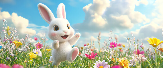 Wall Mural - Cartoon animation of a little white bunny hopping in beautiful meadow , AI generated