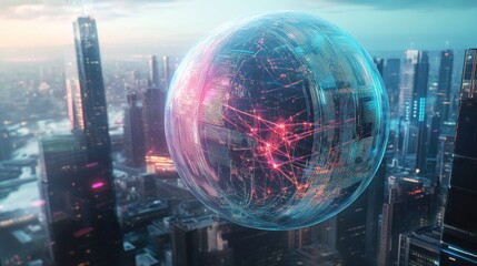 Poster - Futuristic Cityscape with a Holographic Globe