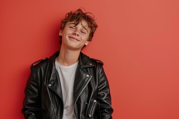 A young man in a leather jacket is smiling at the camera