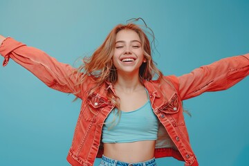 Wall Mural - A woman in a red jacket is smiling and has her arms outstretched