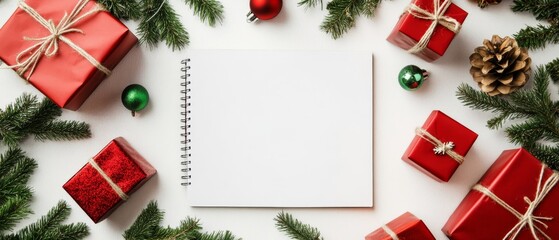 A blank white notebook surrounded by Christmas presents, with red and green decorations scattered around it on the table. The background is pure white