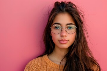 Wall Mural - A woman with long brown hair and glasses is standing in front of a pink wall. She has a serious expression on her face