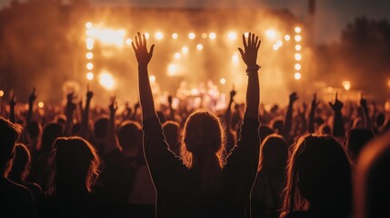 A crowd of people cheering at a concert