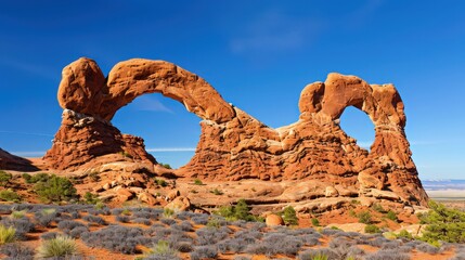 Arches National Park's dramatic rock formations and natural arches create a striking contrast against the deep blue sky