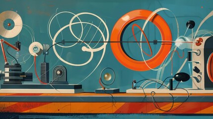 Poster - artistic depiction of a physics experiment demonstrating electromagnetic induction, including coils,