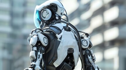 Poster - Artistic depiction of a robotic exoskeleton, showing how it assists human movement and provides support through wearable technology