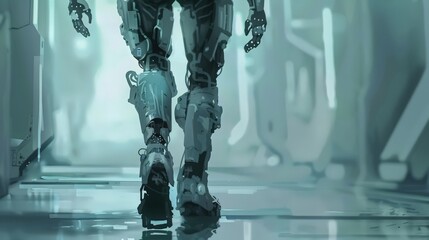 Poster - Artistic depiction of a robotic exoskeleton, showing how it assists human movement and provides support through wearable technology