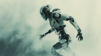 Poster - Artistic depiction of a robotic exoskeleton, showing how it assists human movement and provides support through wearable technology