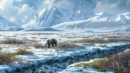 Wall Mural - Artistic depiction of a tundra ecosystem, including permafrost, low-growing vegetation, and animal adaptations to extreme cold