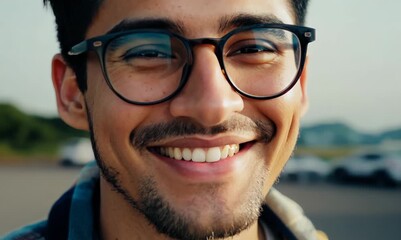 Canvas Print - Portrait of a handsome young man with eyeglasses on the road