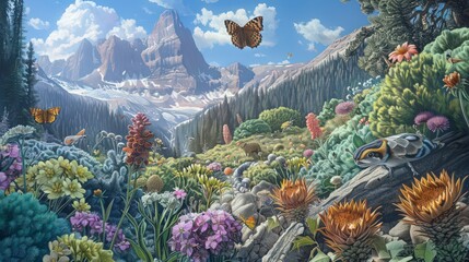 Wall Mural - Artistic depiction of an alpine ecosystem, featuring high-altitude flora and fauna, unique adaptations to cold temperatures,