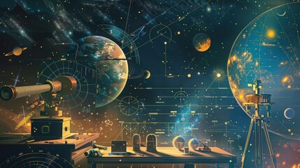 Poster - artistic depiction of an astronomy experiment, showcasing methods for measuring and analyzing starli