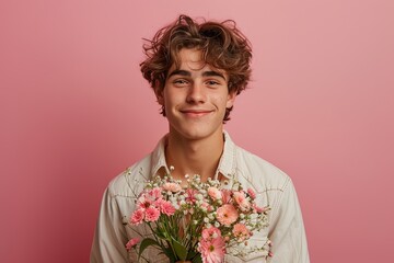 A young man is holding a bouquet of pink flowers and smiling. Concept of happiness and warmth, as the man's smile and the vibrant colors of the flowers create a positive and cheerful atmosphere