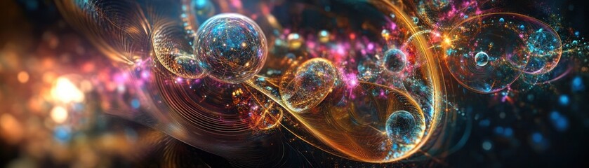 Poster - Abstract Cosmic Background with Glowing Bubbles and Lines