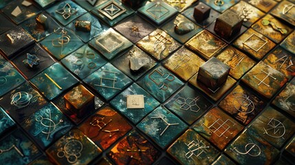 Fototapete - Artistic depiction of the periodic table with a visual emphasis on the rare earth elements, displaying their unique characteristics and uses.