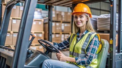 Poster - young woman in logistics training to forklift drive