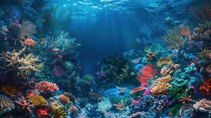 Wall Mural - Artistic representation of a coral reef ecosystem, highlighting the structure of coral reefs, symbiotic relationships