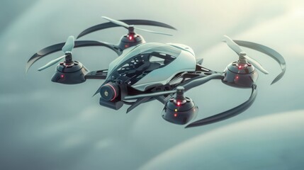 Poster - Artistic representation of a drone with multi-rotors, illustrating its flight dynamics, propulsion system, and camera setup.