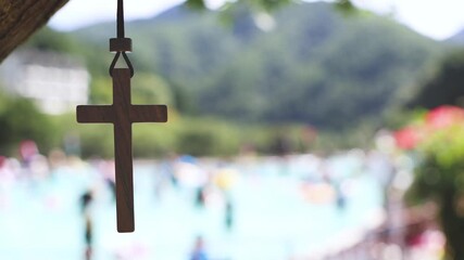 Wall Mural - The Cross of Jesus Christ and Church Retreat, Summer Camp and Summer Bible School Swimming Pool Background
