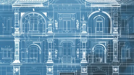 Wall Mural - Illustration of a blueprint for a historical building renovation, showing preserved architectural details alongside modern updates