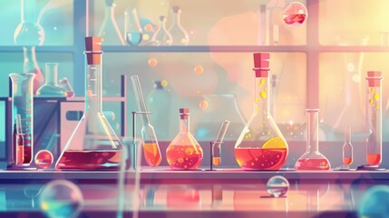 Poster - Illustration of a chemical reaction in a laboratory setting, featuring equipment like beakers, test tubes,