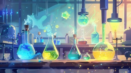 Poster - Illustration of a chemical reaction in a laboratory setting, featuring equipment like beakers, test tubes,