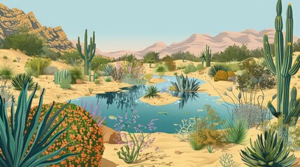 Illustration of a desert oasis ecosystem, highlighting the unique flora and fauna that thrive around limited water sources in arid regions