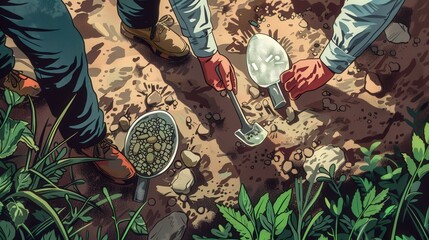 Poster - illustration of a forensic archaeology investigation, showing how archaeological techniques are used