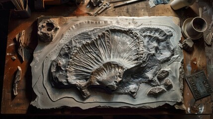 Poster - illustration of a fossil mold and cast, showing how a detailed replica of a fossil is created from t