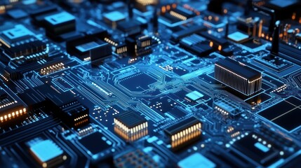 Poster - Close-up of a Motherboard with Glowing Blue Circuitry