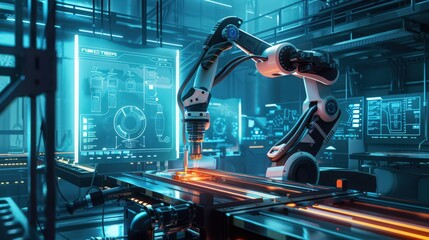 Poster - Illustration of a robotic welding system, highlighting its automated welding arms, sensors,