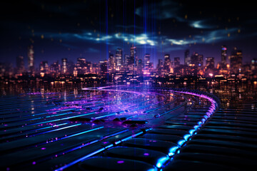 Wall Mural - A cityscape with a purple and blue glow. The city is lit up at night, creating a vibrant and energetic atmosphere.