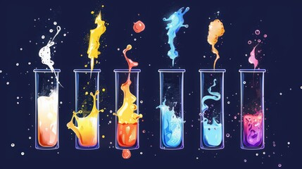 Poster - Illustration of test tubes with different chemical reactions, featuring gas evolution, color changes,