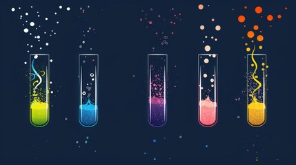 Poster - Illustration of test tubes with different chemical reactions, featuring gas evolution, color changes,