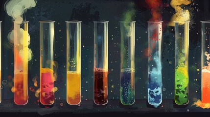 Poster - Illustration of test tubes with different chemical reactions, featuring gas evolution, color changes,