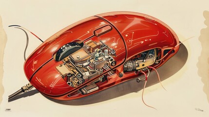 Aufkleber - Illustration of the early home computer mouse, showing its buttons, scroll wheel, and internal mechanism for translating hand movement into cursor movement.