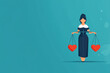 © TEERAPAT - Lady Justice holding scales and a heart, morality in law, flat design illustration, copy space for text,