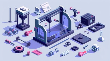 Fototapete - Illustration of the original 3D printer, including its extruder, build platform, and the process of additive manufacturing.