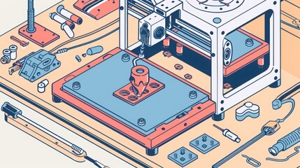 Fototapete - Illustration of the original 3D printer, including its extruder, build platform, and the process of additive manufacturing.