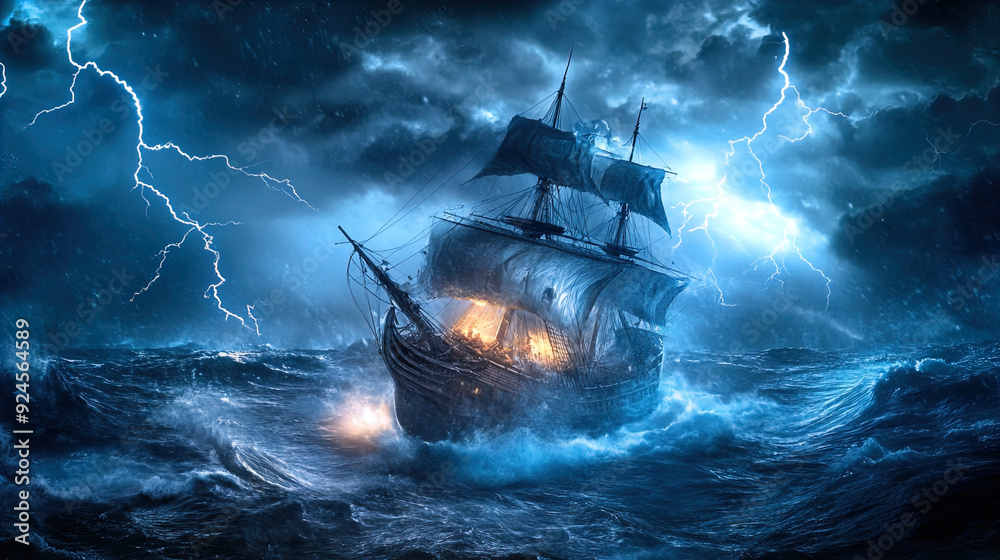 Stock-Illustration „A dramatic scene of an old sailing ship caught in a ...