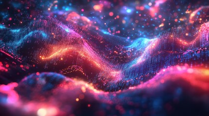 Wall Mural - Abstract Digital Landscape with Vibrant Colors and Glowing Particles