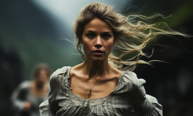 Poster - A woman with long hair is running through a forest. Scene is adventurous and exciting