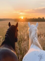 Wall Mural - Horses Observing a Misty Sunrise Over a Pasture in Early Morning