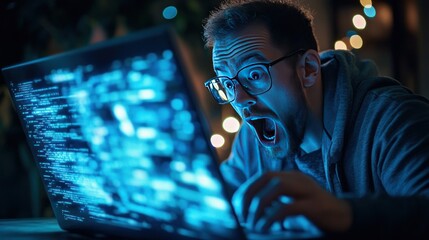 Shocked Man Looking At Laptop Screen With Code