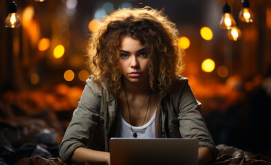 Wall Mural - A woman with curly hair is sitting on a bed and using a laptop. The image has a moody and somewhat mysterious feel to it